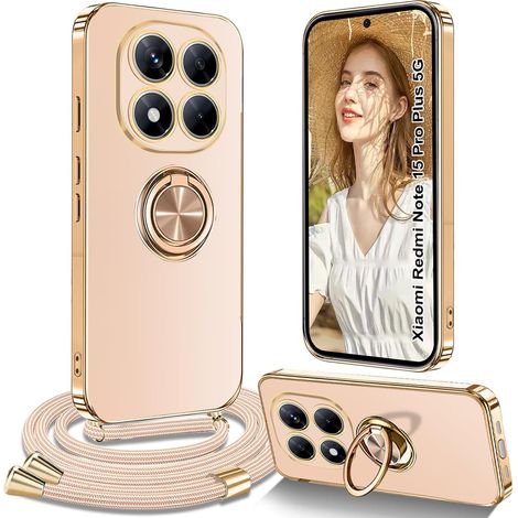 Coque pour Redmi Note 15 Pro Plus 5G avec Cordon, Coque pour Redmi Note 15 Pro Plus 5G avec Collier Silicone Housse 360° Voiture de Bague Magnétique Antichoc Étui avec Cordon Réglable Case, Rose (1/5)