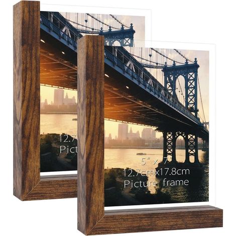 Lot de 2 cadres photo 13x18 cm double face en verre avec socle bois L marron (1/5)