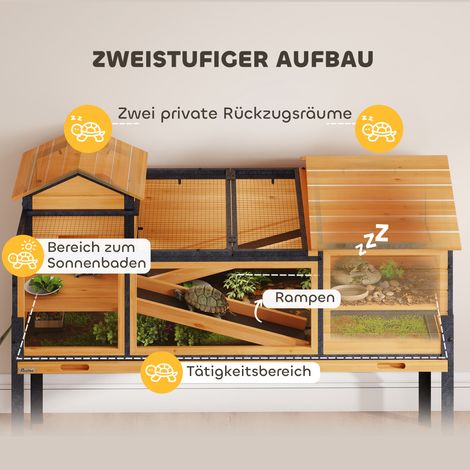 Maison tortue, enclos pour petits animaux, 2 pièces, 2 étages, fenêtres, rampes, accessoires, bois, acier, jaune (1/5)