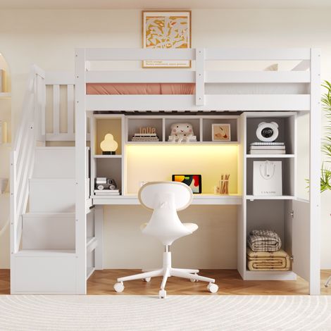 Lit mezzanine 90x200 avec bureau et led - pin massif et mdf - escalier rangement et étagères - prises eu - charge 120kg - blanc (1/5)
