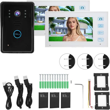 Kit visiophone 7 pouces TFT avec 2 moniteurs, sonnette sans fil 2.4G, vision nocturne infrarouge, étanche, système de sécurité 100-240V prise US. (1/5)