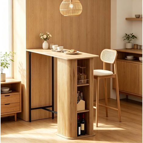 Table de bar 112/50/106 cm aspect chêne avec 3 étagères et pieds réglables (1/5)