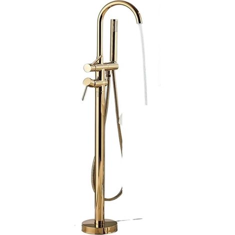 Robinet de cuisine Robinet de baignoire de salle de bains en laiton noir mat, mitigeurs de baignoire-douche autoportants montés sol, bec pivotant de grue d'eau chaude et froide(Polished gold) (1/5)