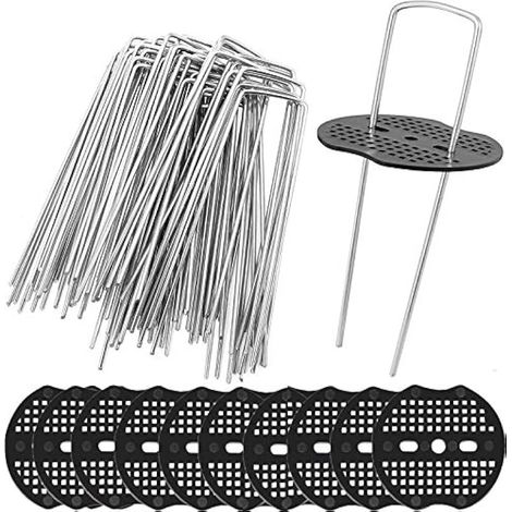 Lot de 50 piquets de jardin, 15 cm, agrafes de sol en acier résistant à la rouille en forme de U, avec rondelle amortisseur pour fixer toile, membrane, bâche polyéthylène. (1/5)