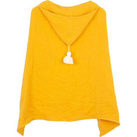 Cape à capuche en gaze de coton quatre épaisseurs avec pompons, peignoir de plage pour enfants, jaune