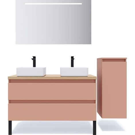 Meuble de salle de bain suspendu 2 vasques à poser 120cm 2 tiroirs Abricot + miroir + colonne ouverture droite - Hudson (1/5)