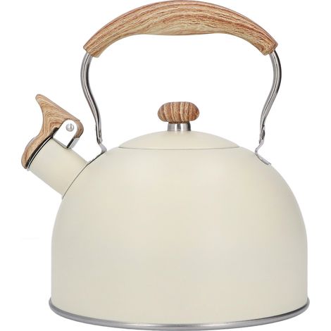 Bouilloire sifflante en acier inoxydable 2,5L, blanc cassé, bec verseur avec couvercle, poignée en bois, compatible induction et gaz (1/5)