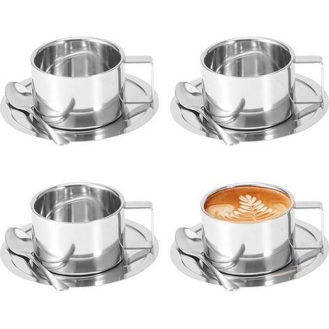 Juego de tazas de café de acero inoxidable, 4 piezas, 180 ml, Doble pared, Incluye cuchara y platillo, Aptas para café, latte, té y leche (1/5)
