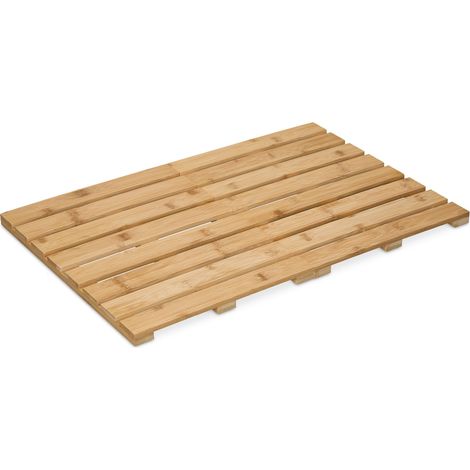 Relaxdays Alfombra Baño de Bambú, 60 x 40 cm, Esterilla Ducha Antideslizante, Plegable, Sauna, Exterior, Natural
