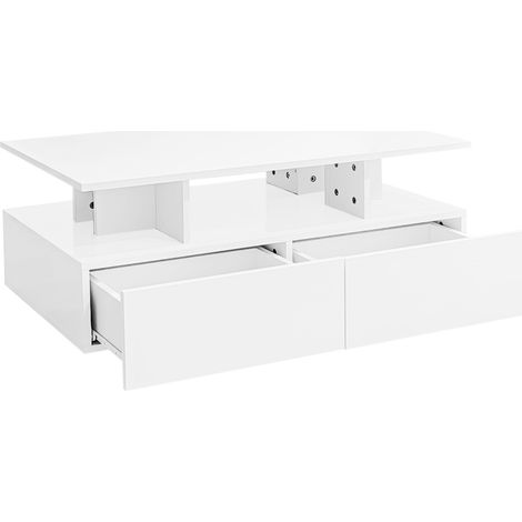 Tavolino da caffè bianco lucido 90 x 55 x 41 cm con 2 cassetti e LED (1/5)