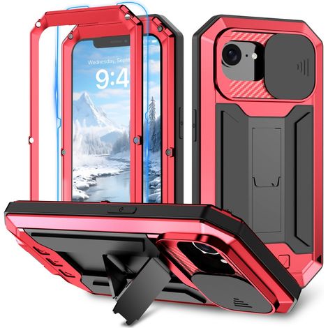 Funda protectora para iPhone 17e / 16e, R-just, con obturador de cámara móvil, roja. (1/5)