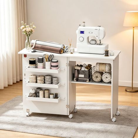 Meuble de couture pliable, table de couture avec plateau rabattable, boîtes de rangement, étagère ouverte et roulettes (1/5)