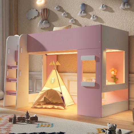 Cama alta 90x200 cm con escritorio, tira LED y somier de láminas para niños - cama infantil de madera y mdf con barrera de seguridad - rosa (1/5)