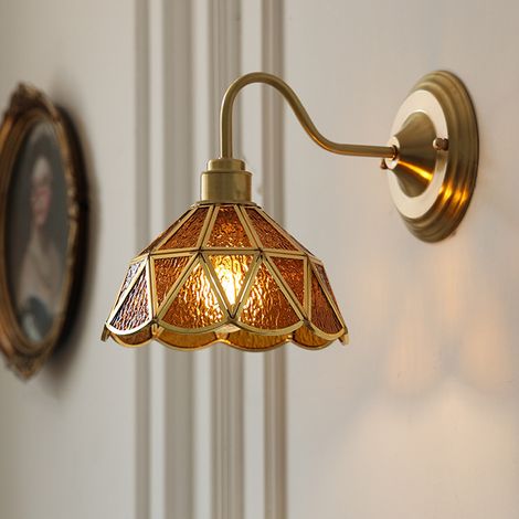 Applique murale, lampe de chevet vintage, applique murale en laiton avec abat-jour en verre, applique d'intérieur avec ampoule, lumière chaude 3000K (1/5)
