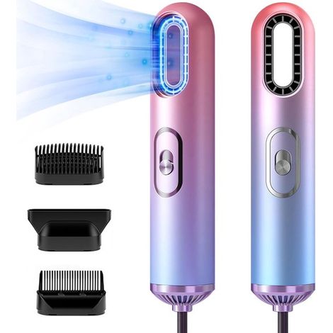 Sèche-cheveux ionique sans pales, moteur AC puissant, 3 embouts, température constante, compact et léger, pour maison et voyage, violet et bleu (1/5)