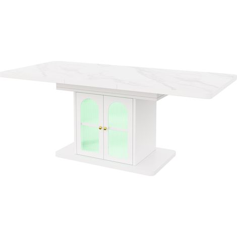 Table à manger extensible scandinave blanche avec plateau en marbre 150-200 x 80 cm et rangement intégré (1/5)