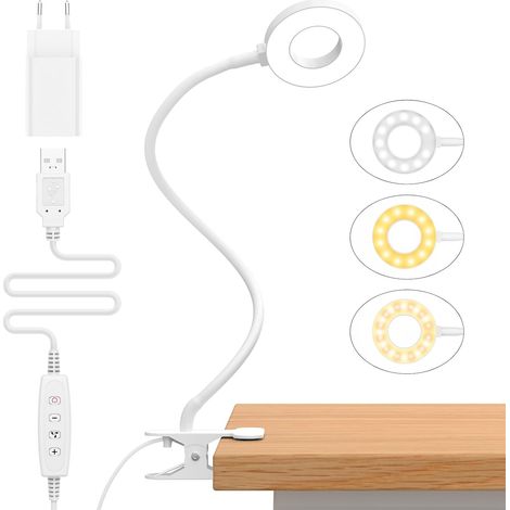10W Clip-on Schreibtischlampe mit USB-Adapter [3 Beleuchtungsmodi & 10 Helligkeitsstufen] 360° flexible Clip-on Leselampe, 40CM LED Schreibtischlampe für Zuhause/Büro - Weiß [Energieklasse E] (1/5)