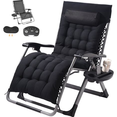 Fauteuil Inclinable Zéro Gravité, 825 mm, Transat Relax Jardin pour Intérieur Extérieur, Chaise Longue Anti-gravité Réglable avec Coussin, Appui-tête, Repose-pieds, Porte-gobelet, 226,8 kg, Noir (1/5)
