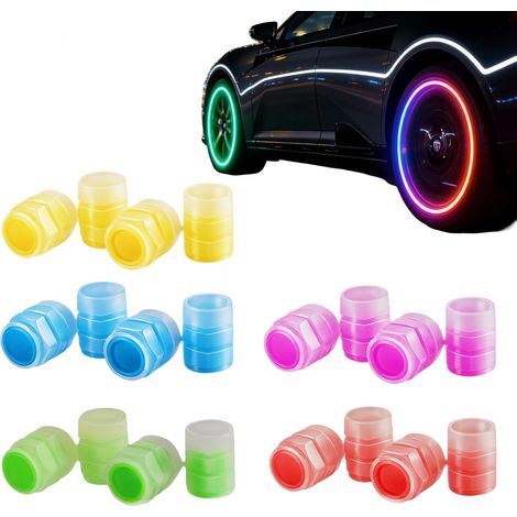 20 x Luminous Car Tyre Valve Caps, Skull Dustproof Stem Cover 5 Fluorescent Colours ABS Plastic Valve Caps Luminous for Bike Motorcycle
