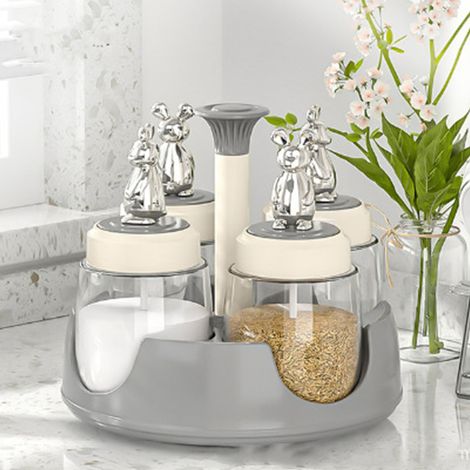 Porte-épices rotatif, salière avec couvercle, flacon à épices en verre pour la cuisine, le restaurant, la maison, gris (1/5)