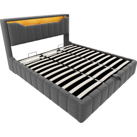 Letto contenitore 180x200 cm grigio con sistema idraulico, LED, USB e USB-C, tessuto resistente (1/5)