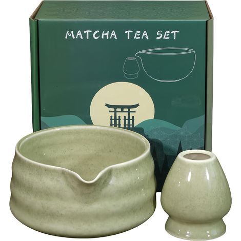 Zweiteilige Matcha-Schale: 530 ml handgefertigte Matcha-Schale für die Matcha-Zeremonie, Keramikschale mit Ausguss, grün (1/5)