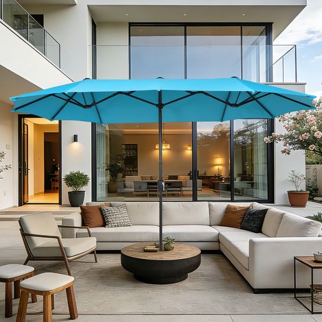 Puluomis – Parasol déporté en aluminium 380 x 200 cm – Parasol grande taille-Protection UV 50+ – Mécanisme à manivelle – Mât de 48 mm-Bleu (1/5)