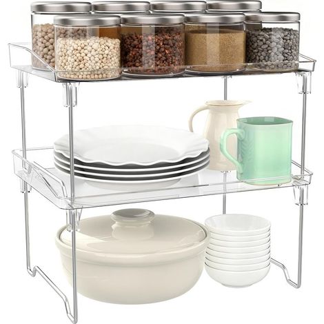 2 Packs Rangement Placard Cuisine, Pliable Étagère Cuisine Empilable Organisateur Cuisine, Transparentes Etagere a Epices pour Armoires, Garde manger, Plans de Travail (1/5)