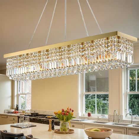 Luxus extra lange Haengeleuchte 112 cm Gold Kristall Pendellampe 10 flammig hoehenverstellbar moderne Deckenleuchte fuer grossen Esstisch Kuecheninsel