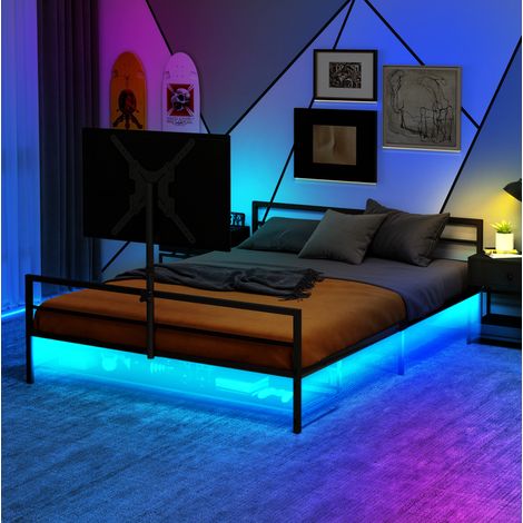 Letto bambini 90x200 cm con supporto regolabile, illuminazione LED e ripiano portaoggetti sottoletto, struttura in metallo, senza materasso, nero (1/5)