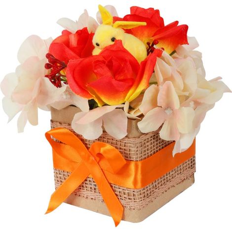 Osterhasen-Dekoration in Orangen mit künstlichen Blumen in Blumenbox-Puder (1/2)