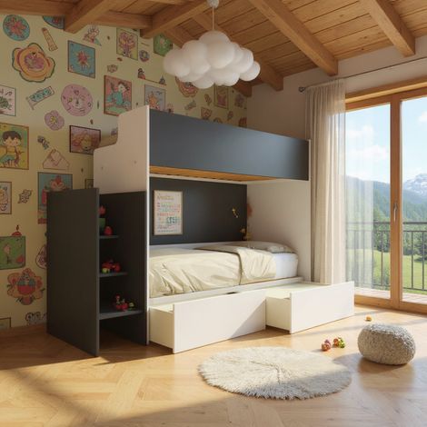 Letto a castello minimalista con terzo letto estraibile - Rovere rock