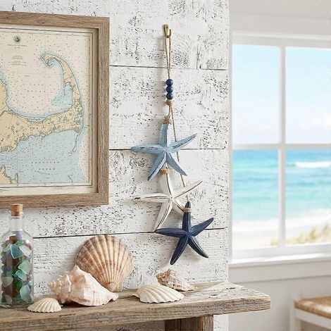 Décoration murale lumineuse en bois poisson et étoile de mer style bord de mer nautique côtière LED blanc chaud (1/5)