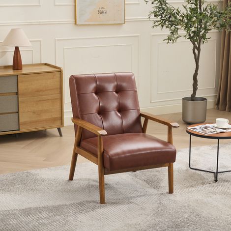 Fauteuil lounge pour salon/bureau, bois de caoutchouc, coutures Pull‑Point, rembourrage mousse+ressorts, PU marron (1/5)