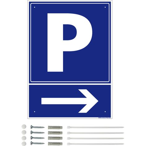 Panneau de signalisation prépercé PVC ou ALU rectangulaire + kit de fixation - Parking flèche à droite - ALU 2 mm - 300 x 420 mm