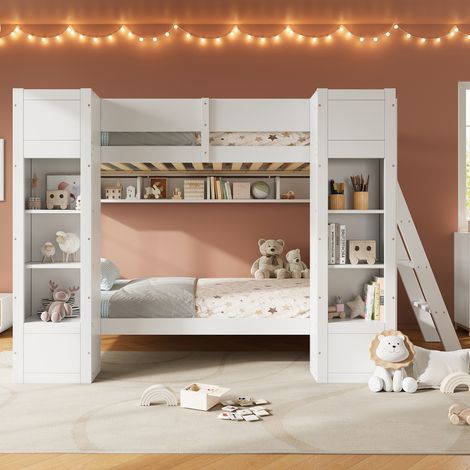 Lit superposé enfant 90x200 avec rangement, lit mezzanine avec 2 placards frontaux, EN747 étagère suspendue, échelle réversible et garde-corps, blanc (1/5)