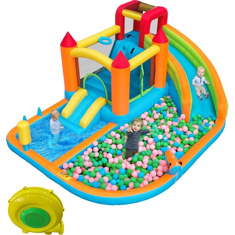 Château gonflable extérieur multifonction avec toboggan aquatique, trampoline, panier de basket et souffleur 450W, pour 4 enfants, orange CHICFURN (1/5)