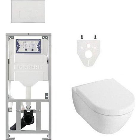 Villeroy & Boch Subway 2.0 DirectFlush Pack WC avec abattant softclose Saniclass, bâti-support Geberit et plaque de commande QeramiQ avec boutons