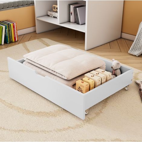 Cassettiera sottoletto in MDF bianco, 2 cassetti con ruote, 93x66,5x20 cm, per letto 90x200 cm