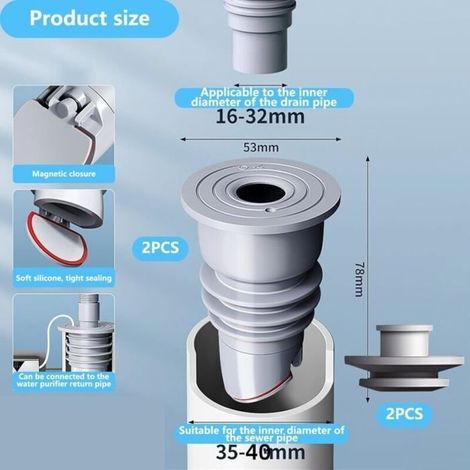 Joint de Vidange Machine à Laver 35-40mm - 2 Pièces Anti-Odeur Gris - Bouchon Étanche pour Évacuation Eau (Usage Domestique) (1/3)