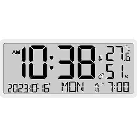 Reloj de pared digital blanco que muestra la hora, la fecha, la temperatura interior y la humedad. (1/5)