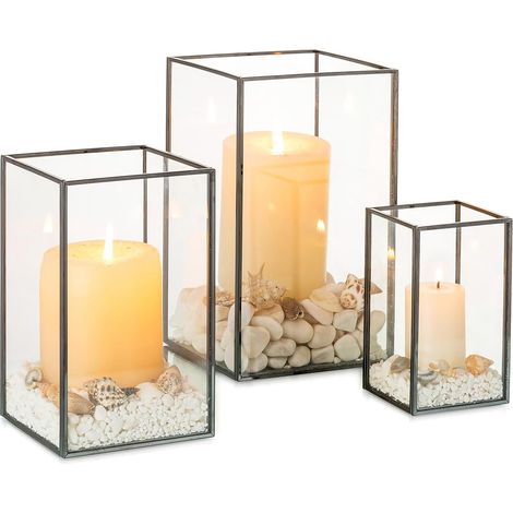 3 Bougeoirs Verre Trempé Noir, Lanternes Ouragan Carrées, Décoration Intérieur Mariage Salon