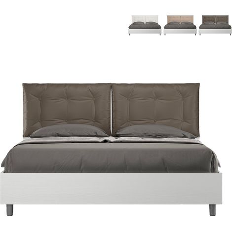 Letto matrimoniale con rete 160x190 bianco frassino cuscini similpelle cappuccino Egos Annalisa (1/5)