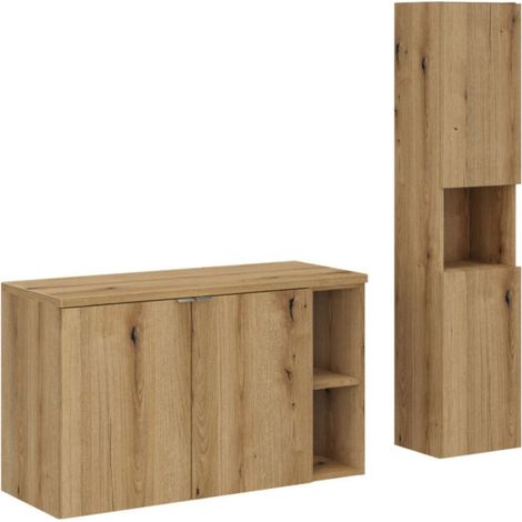 Insieme VANO effetto rovere 130cm: mobili sotto lavabo con armadi e nicchie a vista + piano per lavabo + colonna