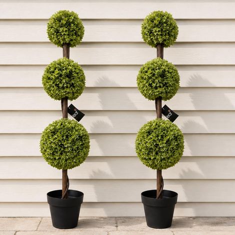 120cm Artificial Pair of Green Triple Ball Topiary Trees Premium (1/4)