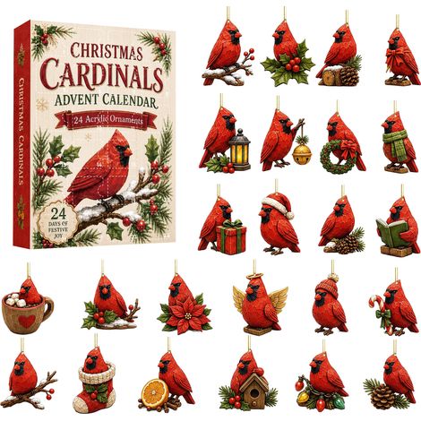 Adventskalender 2026 – 24-teilig – rot – Acryl – 8 cm flache Anhänger – Kardinalvogel-Weihnachtsmotiv – Christbaumschmuck – geeignet für Weihnachten und als Dekoration (1/5)