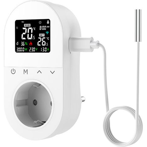 Smart WiFi Thermostatic Socket, 2000W AC 95-240V Temperature Controller, Copper Conductor Body, with Temperature Sensor, Operates at 50/60Hz, Dimensions 119 x 61 x 135mm - Smart Control via (1/5)