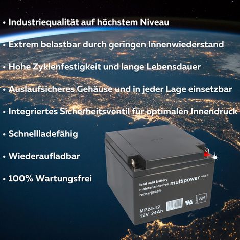 Multipower MP26-12 AGM Bleiakku 12V 26Ah M5 Schraubanschluss für USV, Notstrom & Sicherheitstechnik (1/5)