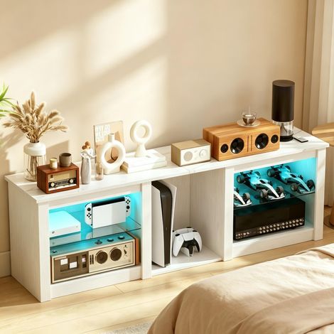 Meuble TV 160 cm blanc avec éclairage LED USB 5 compartiments ouverts et 2 étagères en verre réglables plateau effet marbre (1/5)