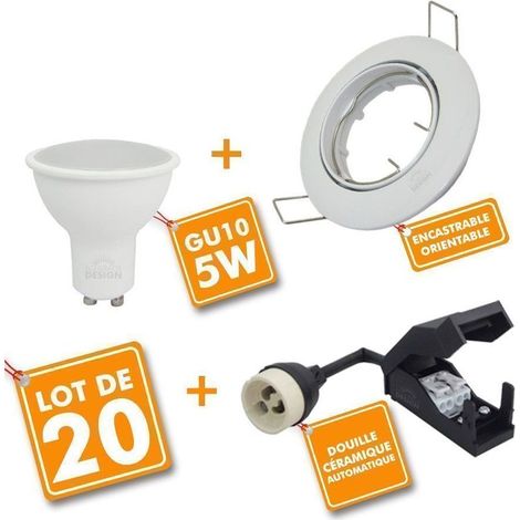 Lot de 20 Spot LED encastrable complet orientable blanc avec Ampoule GU10 230V 5W Température de Couleur: Blanc Froid 6000K (1/3)